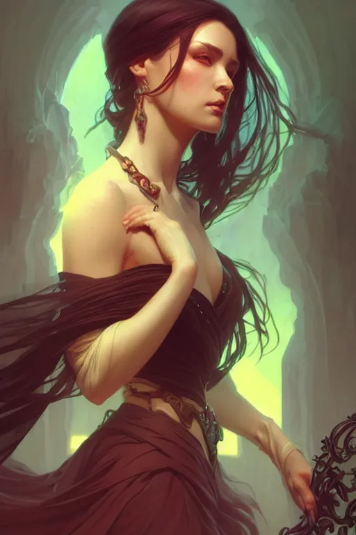 Image similar to a beautiful necromancer woman, fantasy, portrait, sharp focus, intricate, elegant, digital painting, artstation, matte, highly detailed, concept art, illustration, ambient lighting, art by ilya kuvshinov, artgerm, Alphonse mucha, and Greg Rutkowski