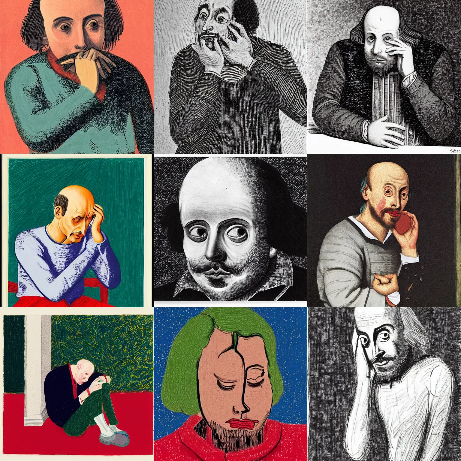 Prompt: a jealous william shakespeare crying because he's not good enough, by david hockney