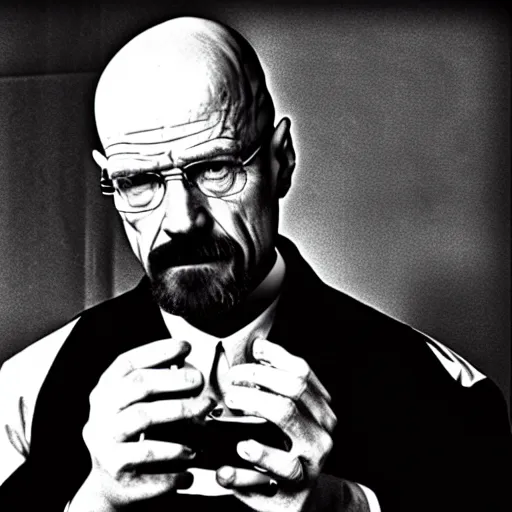 Image similar to walter white heisenberg cooking meth as a nazi scientist whiye uniform black and white photo