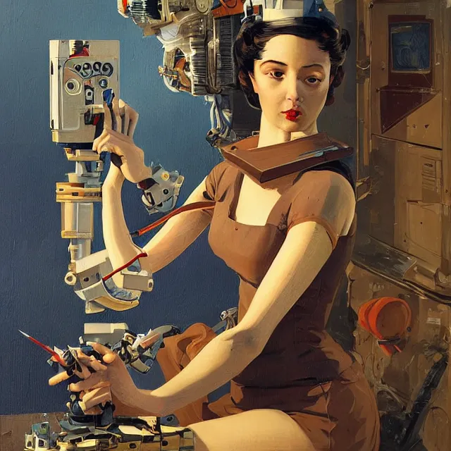 Image similar to robot artist painting a self - portrait on a canvas. intricate, highly detailed, digital matte painting, in the style of alexandros pyromallis, and in the style of sachin teng, and in the style of hans thoma, and in the style of gil elvgren. irony, recursion, inspiration, streamline moderne.