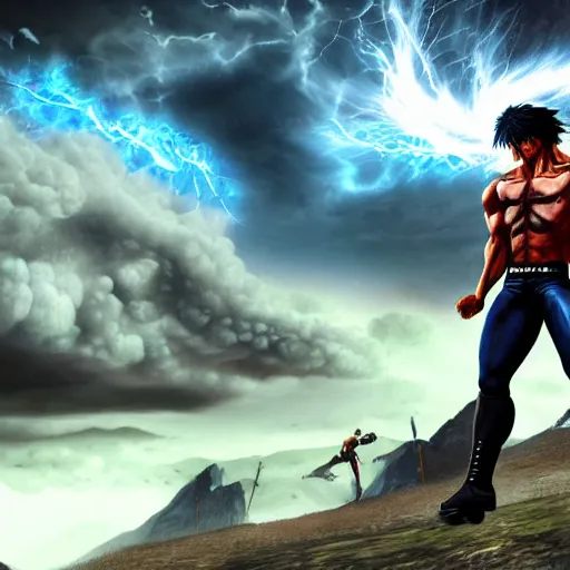 Prompt: extreme detail 3D digital art of a winged Kenshiro flying, detailed textures and lighting, storm in the background, mountains, action pose, high detail character models, detailed environment, epic fight, movie quality battle, epic, intricate, 4k,