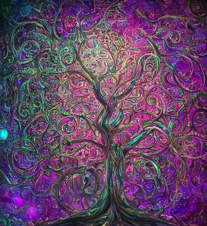 Prompt: stunning tree of life, award winning matte concept art, intricate linework, precious ornate hooded cybernetic emissive gothic colorful dark colorful, clear focus, iridescent baroque crystals, glowing, futuristic, detailed realistic, raytracing colorful gems, black opal, magical colorful, realistic character art, wlop, chebokha, rutkowski, artgerm