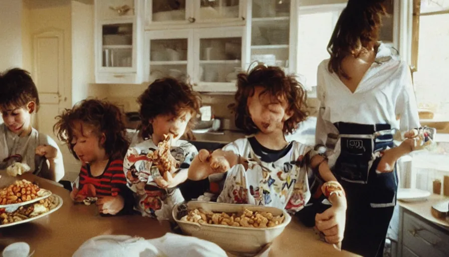 Prompt: 1 9 9 0 s candid 3 5 mm photo of a beautiful day in the family kitchen, cinematic lighting, cinematic look, golden hour, a real tiger is forcing the children to eat cereal, uhd