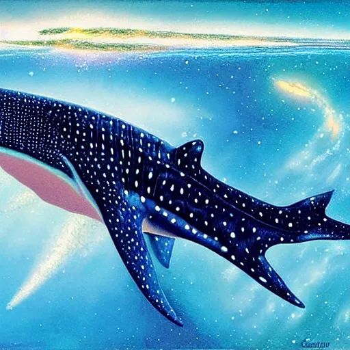 Prompt: gouache painting of a whale shark flying through a swirling, luminous nebula, elegant, ultra detailed, bob eggleton, jacques cousteau