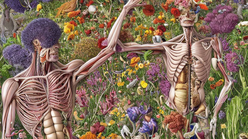 Prompt: highly detailed illustration of human anatomy surrounded by all the known species of flowers by juan gatti!!, by gottfried bammes, by moebius!, by george bridgman, by oliver vernon, by joseph moncada, by damon soule, by manabu ikeda, by kyle hotz, by dan mumford, by kilian eng