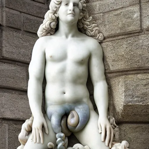 Prompt: a marble statue of a half fish half sausage divine being, aesthetic sculpture