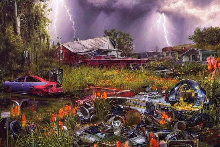 Image similar to hyperrealism, scene from church, thunderstorm, starship, junkyard, louisiana swamps, orange blooming flowers garden, 8 k, 8 0 s japanese sci - fi books art