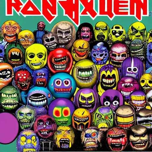 Image similar to 8 0's madballs toys on iron maiden album cover, 8 k resolution hyperdetailed photorealism