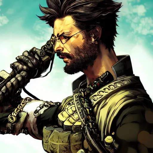 Image similar to portrait of a hero holding his sword in front of his face by yoji shinkawa, high quality, extra details, realism, ornate, colored, golden chain, blood, white skin, short hair, colorful, futuristic, war