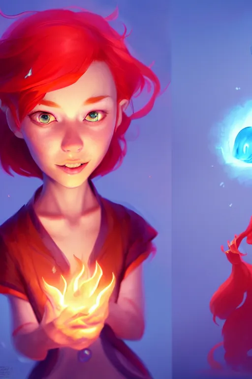 Image similar to super cute Bioluminescent fire mage with red hair and freckles character concept, soft light, soft mood, realistic body features and face, illustration, painting oil on canvas by Elena Zhurikhina and Goro Fujita and Charlie Bowater, octane render trending on artstation, 4k, 8k, HD