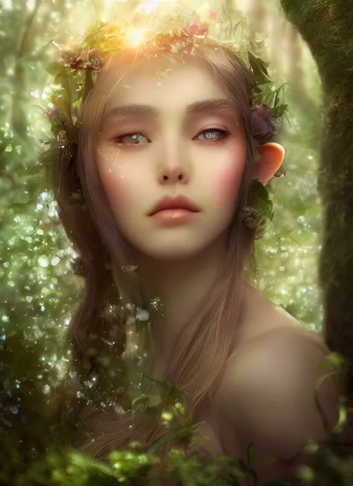 Prompt: beatiful ethereal elf princess in an enchanted forest, 3/4 side view, hair jewellery, fully clothed, light mist, light rays sieving through the trees, shallow depth of field, focus on the face, coherent composition, by Yuumei, by Artgerm, by WLOP