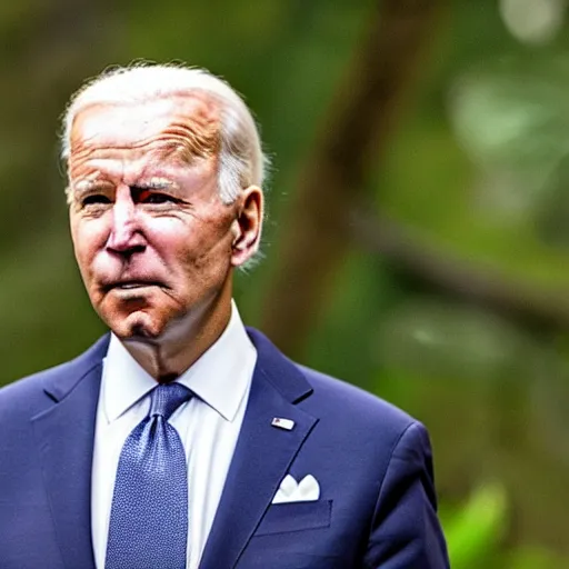 Image similar to a closeup photo of concerned Joe Biden lost in the jungle