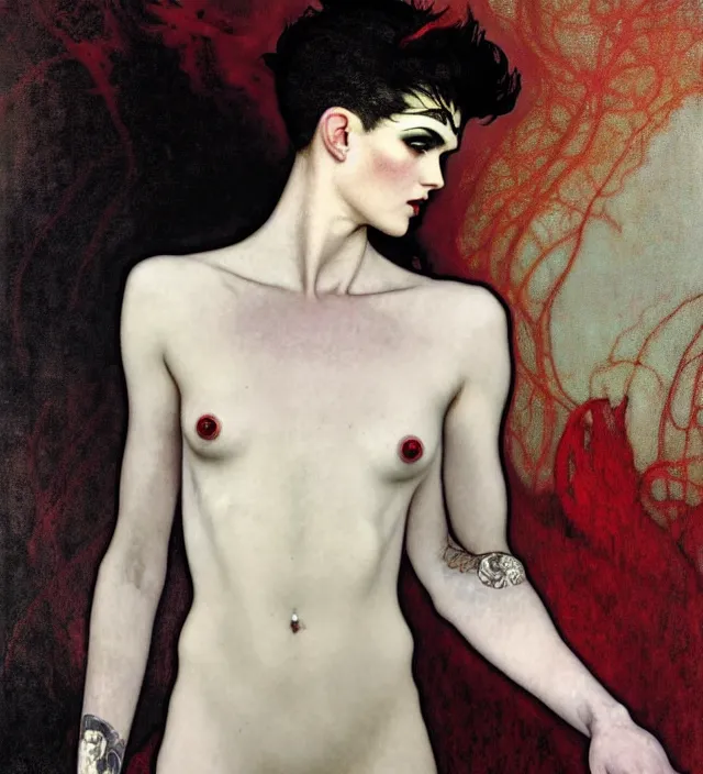 Image similar to stunning portrait of highly details androgynous ruby rose as desire from sandman, rockabilly style, white suit and black tie,, by egon shiele and alphonse mucha, with influence of jeremy mann, peter lindbergh, dave mckean, maurice sapiro, and frank moth, soft lightning, highly detailed, 8 k