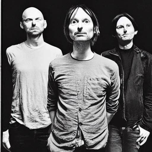 Prompt: Radiohead, Thom Yorke (vocals, guitar, piano, keyboards); brothers Jonny Greenwood (lead guitar, keyboards, other instruments) and Colin Greenwood (bass); Ed O'Brien (guitar, backing vocals); and Philip Selway (drums, percussion), realistic, hyperrealistic, highly detailed, very detailed, ultra detailed, by Stanley Donwood