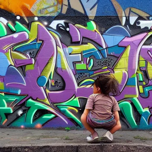 Image similar to tiny people in front of giant walls with amazing graffitis, hyper detailed, photorealistic, hd