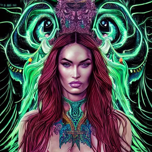 Image similar to an extremely psychedelic portrait of megan fox as medusa, surreal, lsd, face, detailed, intricate, elegant, lithe, highly detailed, digital oth, sharp focus, illustration,