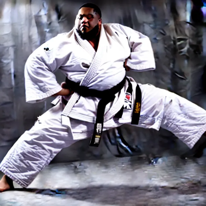 Image similar to photo of an overweight black man with dreads wearing a gi, doing martial arts, 4 k