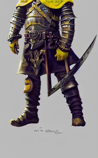 Prompt: highly detailed concept art of a rugged young knight with blonde hair and blue eyes and a short beard wearing a blue shirt over chain mail and steel pauldrons and a yellow cape and leather boots, concept art by Greg Rutkowski, realistic, masterpiece, ArtStation