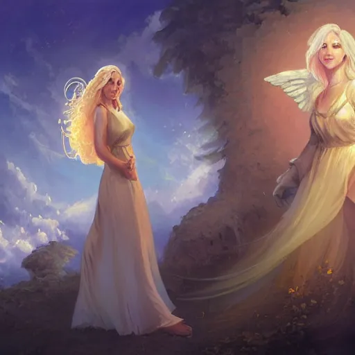 Image similar to a painting of an angel, a young woman with long blond hair and a halo smiling in heaven, looking down at her friend, a woman with long blond hair on earth, andreas rocha