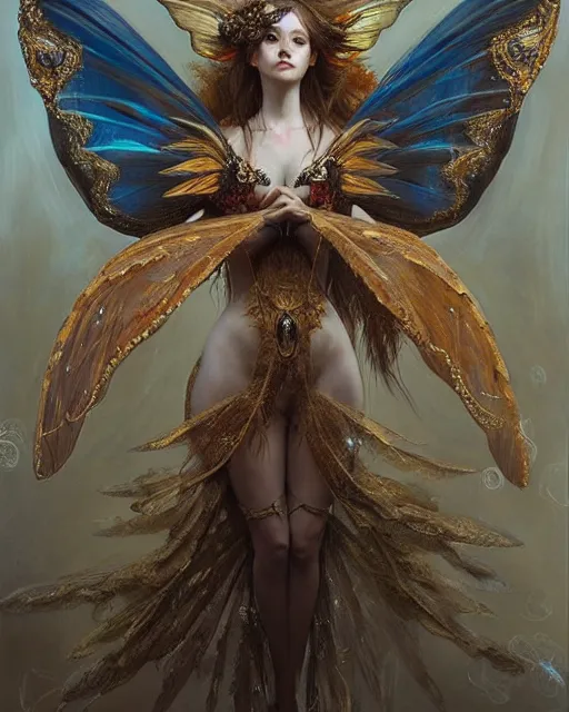 Image similar to Moth Fairy Maiden with large moth like wings wearing ornate dress by Ruan Jia and Andrei Riabovitchev, featured on Artstation, Hyperdetailed, stylized, realistic oil on linen, masterpiece, fantasy, dark academia