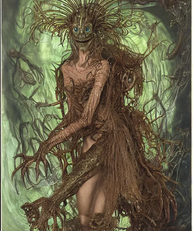 Prompt: a portrait photograph of a fierce sadie sink as an alien harpy queen with slimy amphibian skin. she is trying on evil bulbous slimy organic membrane parasitic fetish fashion and transforming into an vampire insectoid amphibian. by donato giancola, walton ford, ernst haeckel, brian froud, hr giger. 8 k, cgsociety