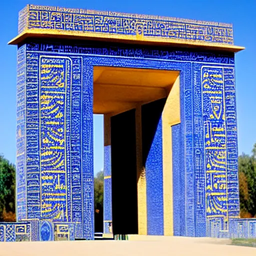 Image similar to A portal to a luminous dimension, the portal is shaped like the Ishtar Gate, Ishtar Gate, mesopotamic, fantasy, magic portal, art by James Gurney, James Gurney, 8K