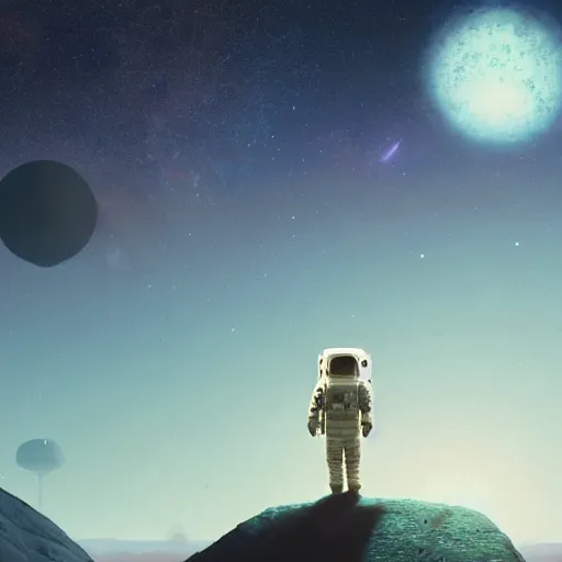 Image similar to a lonely astronaut overlooking at an amazing alien landscape and the universe, digital art, breathtaking, golden ratio, extremely detailed, establishing shot, hyperrealistic, cinematic lighting, particles, unreal engine, simon stålenhag, rendered by Beeple, Makoto Shinkai, syd meade, simon stålenhag, Ruan Jia, Kentaro Miura, environment concept, artstation, octane render, 4K UHD image