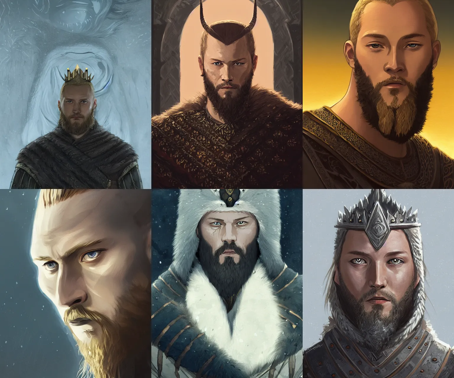 Prompt: portrait of a king ragnar lothbrok, dark glowing eyes, artstation, elegant, highly detailed, digital painting, concept art, smooth, sharp focus, illustration, cartoon by studio ghibli, makoto shinkai, don bluth, fujita goro, jean giraud, atey ghailan, akihiko yoshida, tom whalen 8 k