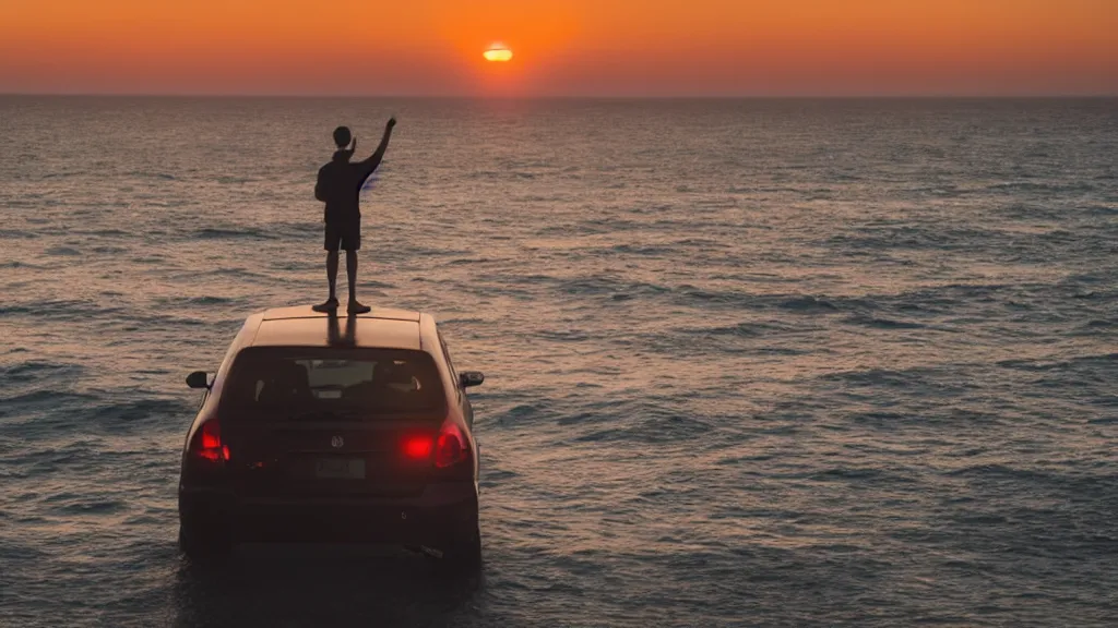 Image similar to a movie still of a man standing on the roof of a car driving through the ocean at sunset, golden hour