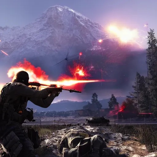 Image similar to Call of Duty gameplay, modern warfare, ak47, sunlight in the distance, a mountain in the distance, a granade explosion on the side, a character being shoot, realistic, sharp, 4k quality, illustration, artstation