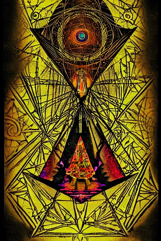 Image similar to a template of a tarot card, psychedelic, lsd, old, paper texture, da vinci code, sacred geometry, mushrooms,