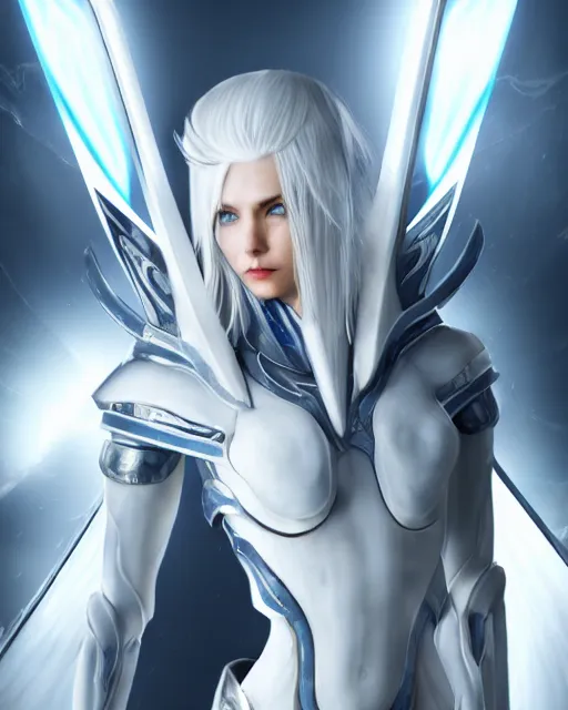 Image similar to perfect white haired attractive egyptian goddess, warframe armor, beautiful, symmetric, dreamy, half asian, pretty face, blue eyes, charlize theron, detailed, scifi platform, laboratory, experiment, 4 k, ultra realistic, epic lighting, android body, illuminated, cinematic, masterpiece, art by akihito tsukushi, voidstar