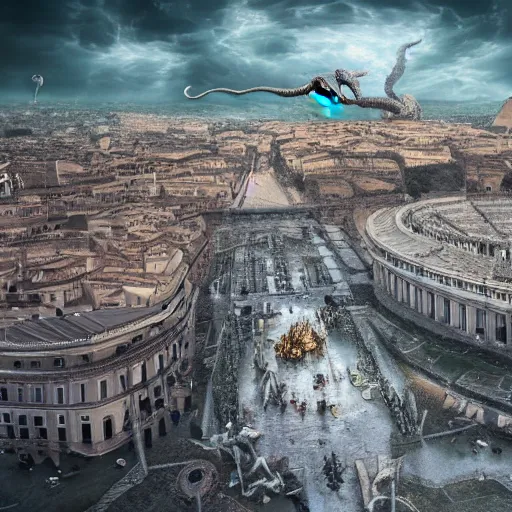 Image similar to Cthulhu attacking the city of rome, photo, photorealistic, 8k, super detailed, 35 mm, octane render, beautiful cityscape, lovecraftian, horror