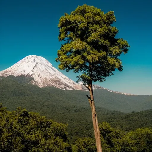 Image similar to A huge mountain with a giant tree on the top, view from far away,