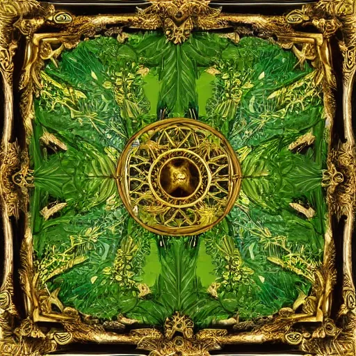 Prompt: fancy broken gold baroque frame in middle of green jungle vegetation