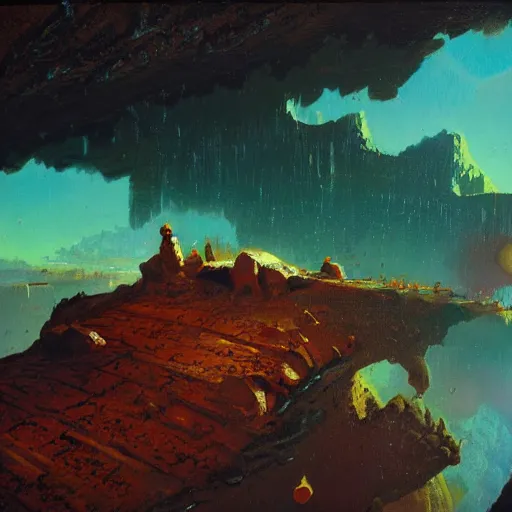 Prompt: a village hanging off a cliff on mars by paul lehr,