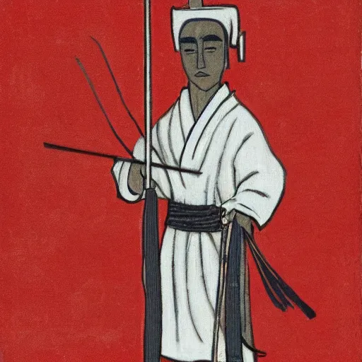 Image similar to man in red and white cloth holding a shing katana