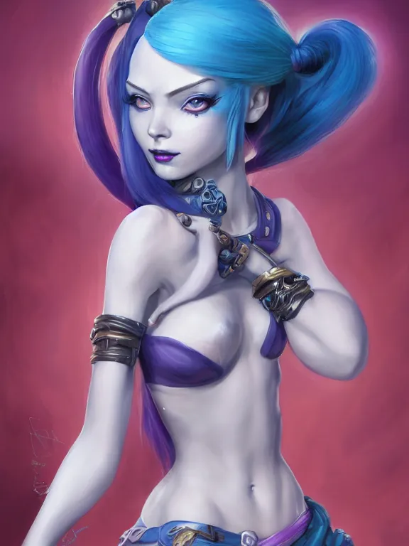 Image similar to a Portrait of JINX from League of Legends, blue hair, pigtail, intricate, elegant, highly detailed, digital painting, concept art, smooth, sharp focus, illustration, by Alex Horley,Heather Theurer,aaron horkey,Greg Rutkowski,artstation,deviantart,FAN ART,Unreal Engine,face enhance,8K,golden ratio,cinematic lighting