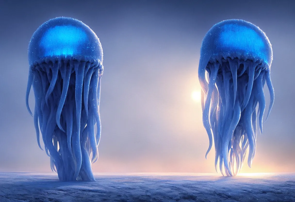Image similar to strange blue illuminated alien jellyfish emerging from surface of another frozen winter planet at sunset, ultra high definition, ultra detailed, symmetry, fog, matte painting, by greg rutkowski and ross tran and wlop