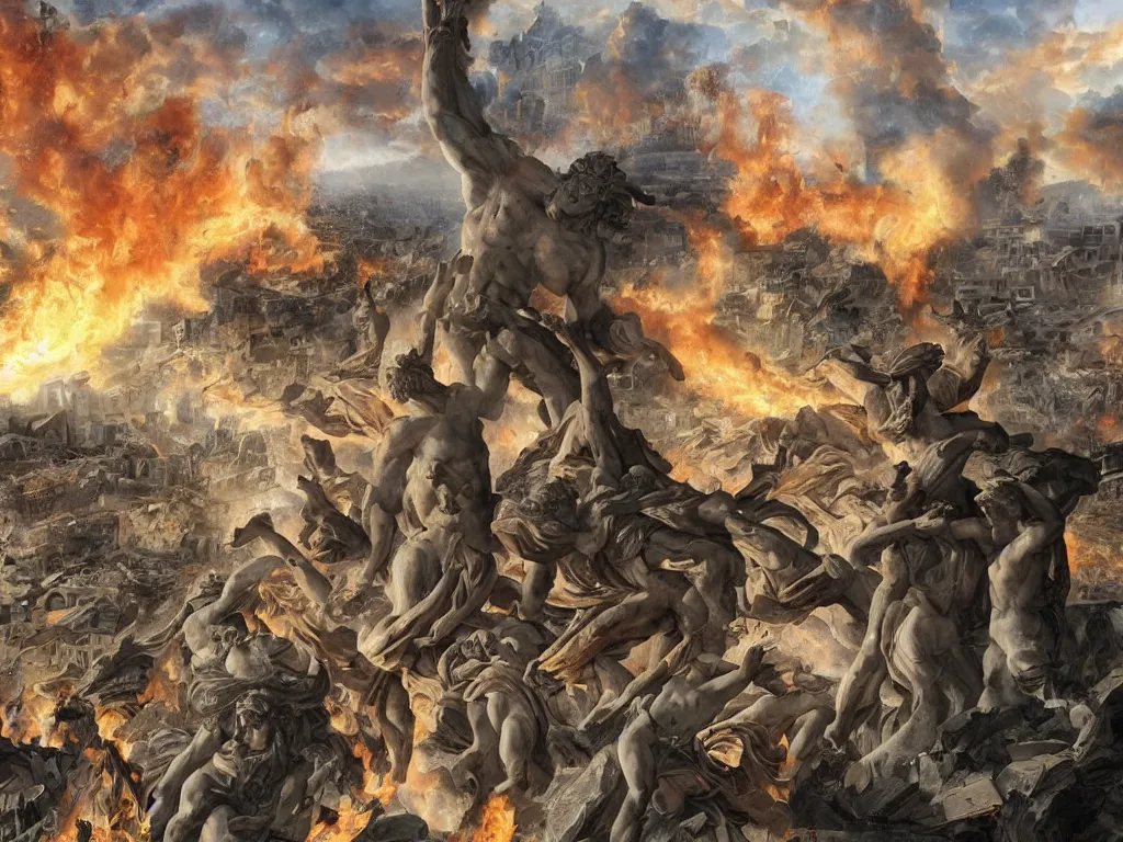 Image similar to giant greek statues attacking a city, city destruction ruins, debris flying around, swirls of fire