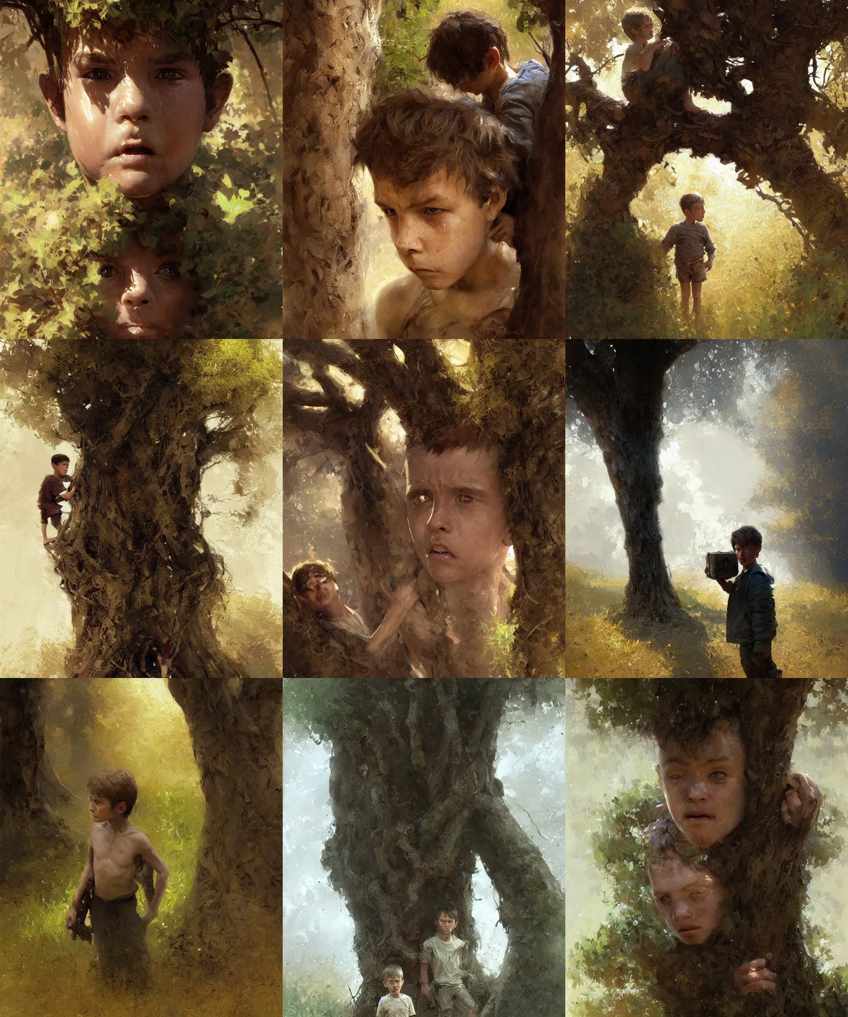 Prompt: digital art painting of a young scared boy hiding behind a tree by craig mullins and gaston bussiere and greg rutkowski, symmetrical face, defined facial features, symmetrical facial features, dramatic lighting, close up