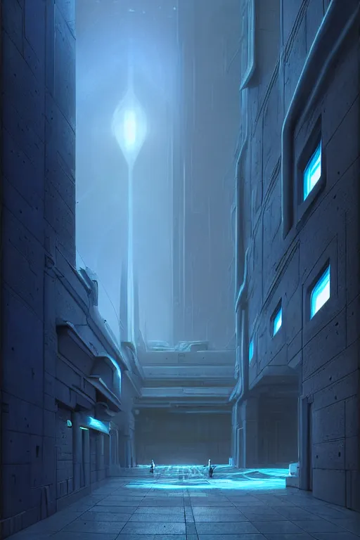 Prompt: emissary futuristic cityscape with blue street lamps, windows lit, stone marble sculptures in a courtyard, by tim blandin and arthur haas and bruce pennington and john schoenherr, cinematic matte painting, zaha hadid building, photo realism, dark moody color palate, blue hour stars, desolate glacial landscape,