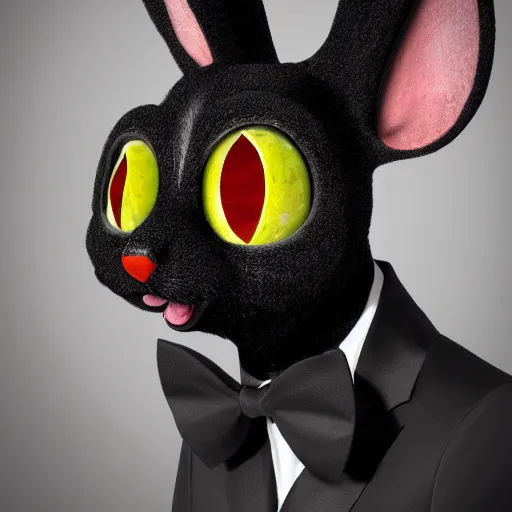 Image similar to A extremely highly detailed majestic hi-res beautiful, highly detailed head and shoulders portrait of a scary terrifying, horrifying, creepy black cartoon rabbit with a bowtie and scary big eyes, earing a shirt laughing, hey buddy, let's be friends, in the style of Walt Disney