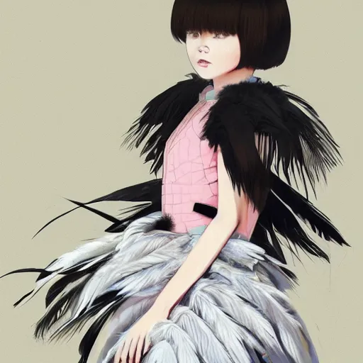 Image similar to little girl wearing an dress made of feathers, anime style, art by ilya kuvshinov, 8 k, concept art, gracious, realistic