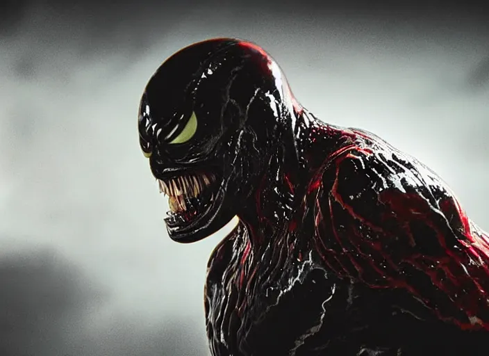 Prompt: venom fused with deadshot, ultra realistic 4 k unreal engine very cinematic render with ray tracing bloom ambient occlusion strong reflections depth of field fog