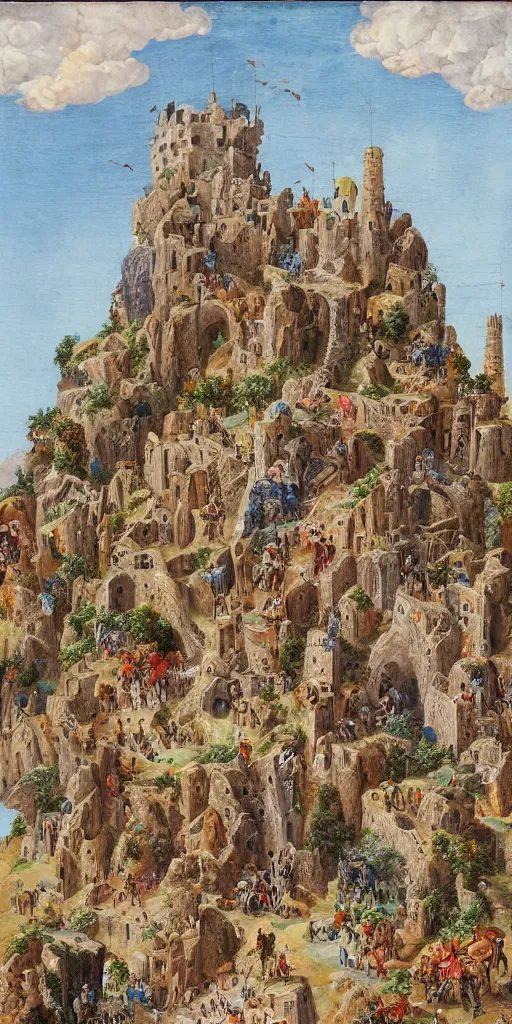 Prompt: a herd of goats climbing a tall citadel with tall towers and long stairs, colorful, beautiful, highly detailed