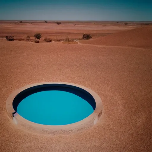 Image similar to a circular Non-Euclidean clay building sitting in the desert, vintage photo, beautiful cinematography, blue sky, film grain, aerial view, extreme wide shot, far away, symmetrical, in the distance, James Turrell