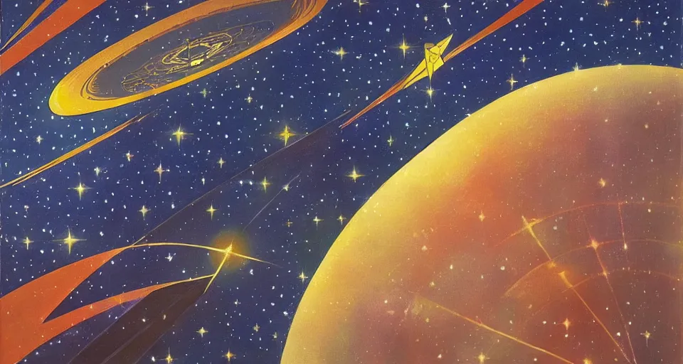 Prompt: solar sail in space, blocking the sun, seen from earth, art deco painting