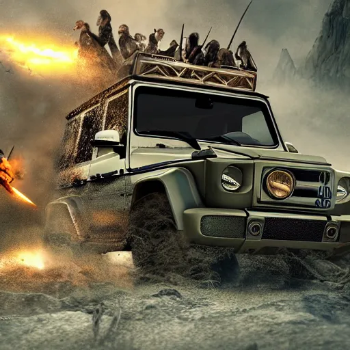 Image similar to g wagon, tribe members attacking, epic action scene, cinematic, digital art, 4k, hd, fantasy, art station