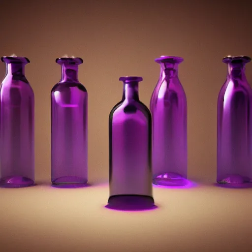 Prompt: A set of fantasy potion bottles full of swirling liquid, octane render, trending on artstation